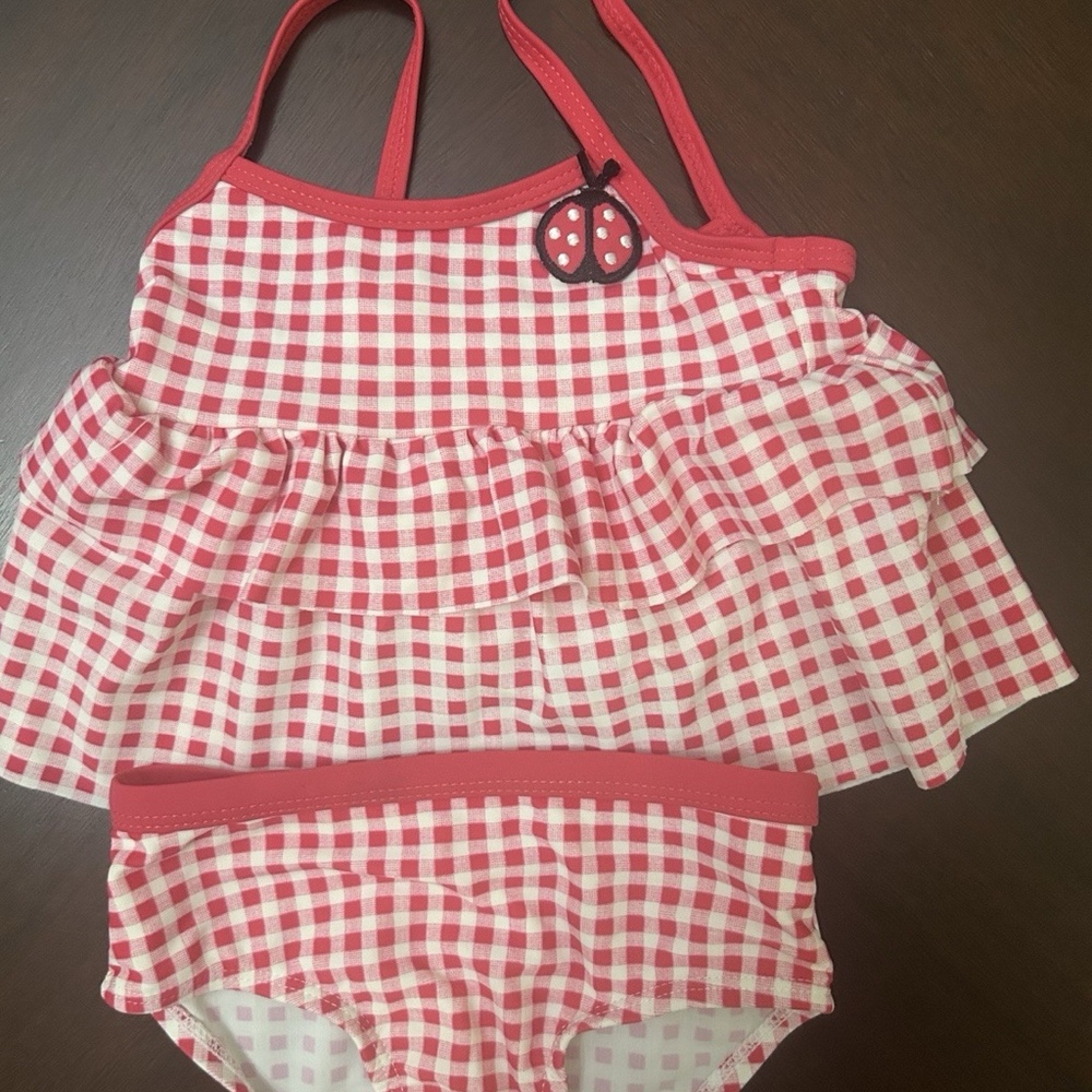 Koala Kids Pink Gingham Ladybug Tankini Swimsuit 6-9 Months Ruffle 2Pc